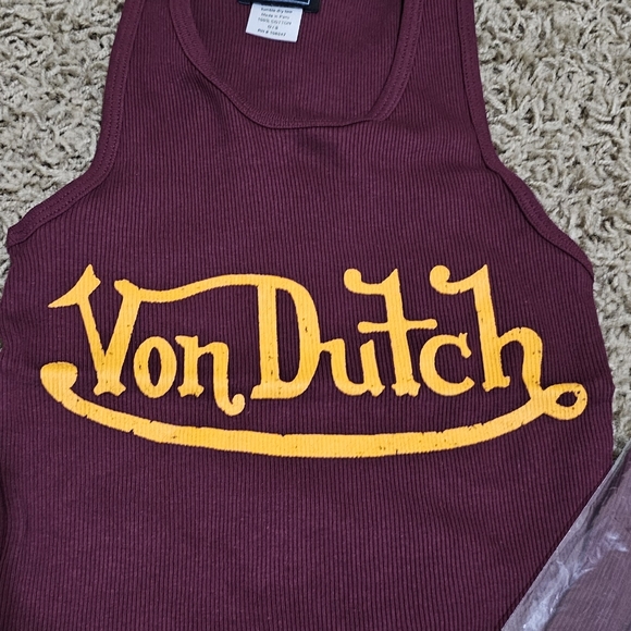 New Von Dutch Tank Maroon Yellow Script Ribbed Stretch - Picture 2 of 6
